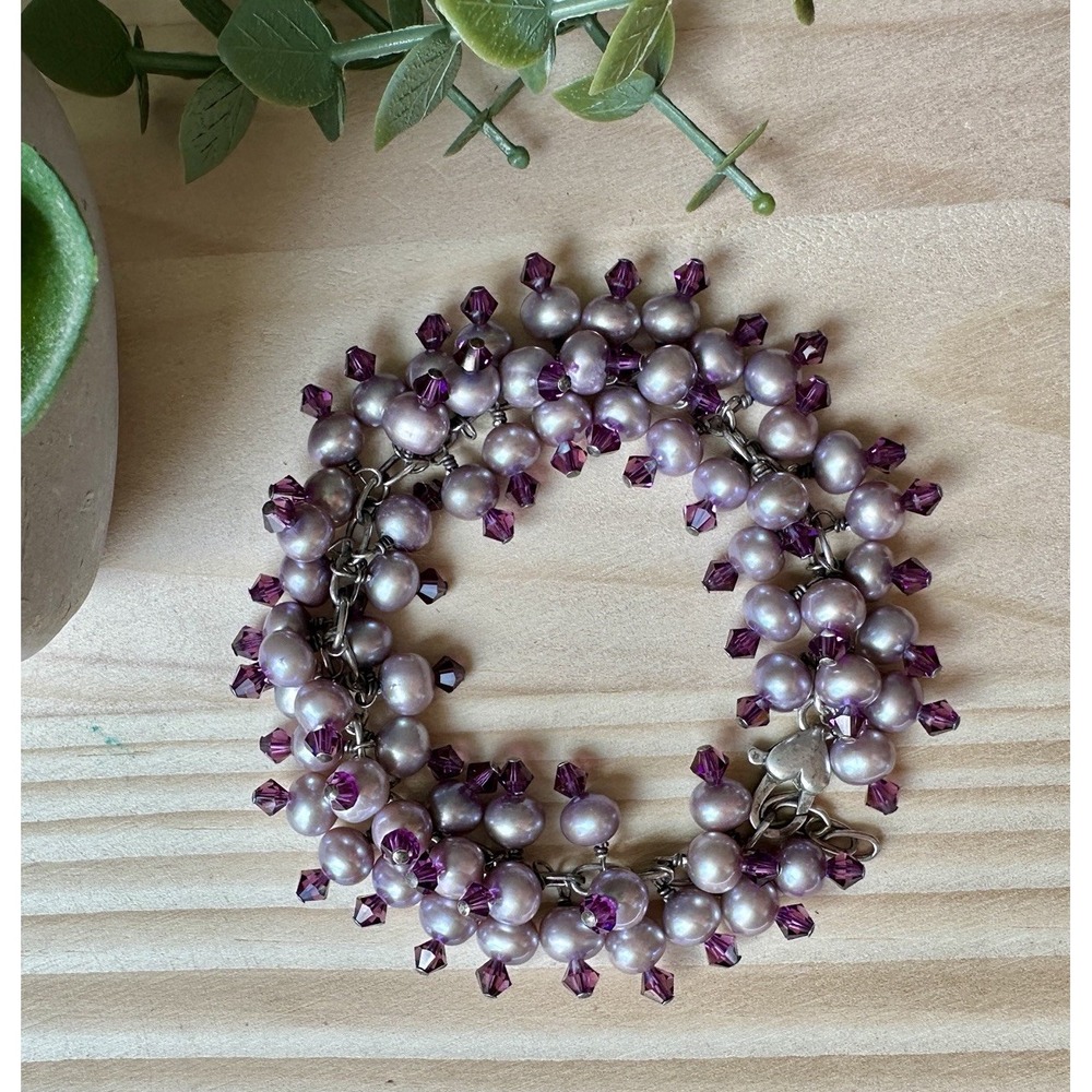 VTG‎ Cha Cha Cluster Bracelet 6.5 Inch Purple Pearls Crystals 925 Sterling 35.6g